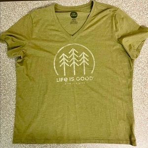 Life is Good--V-neck Short Sleeve Tee, Woman's XL, Army Green